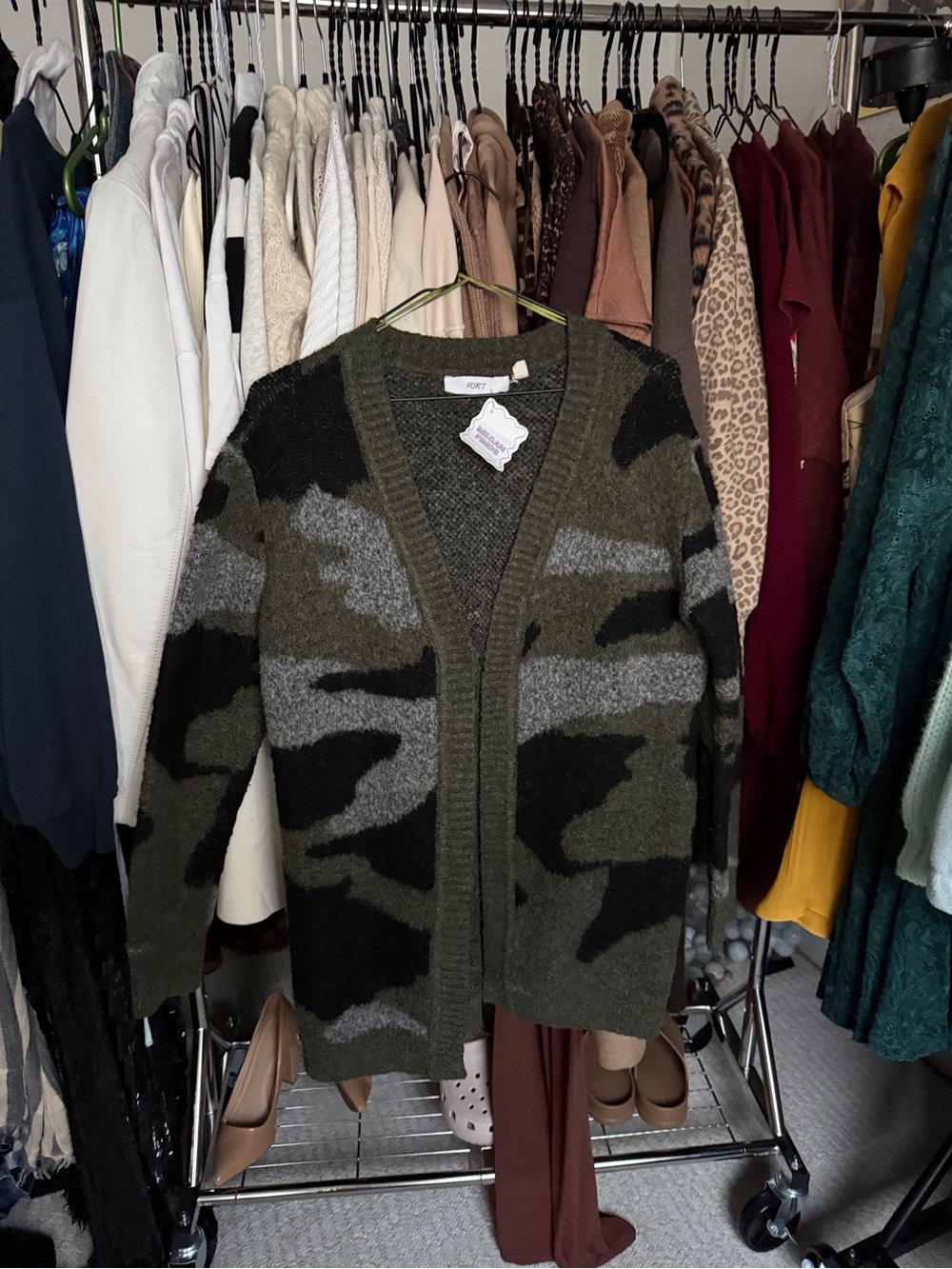 Cozy Camo Open-Front Cardigan Sweater in Olive Green